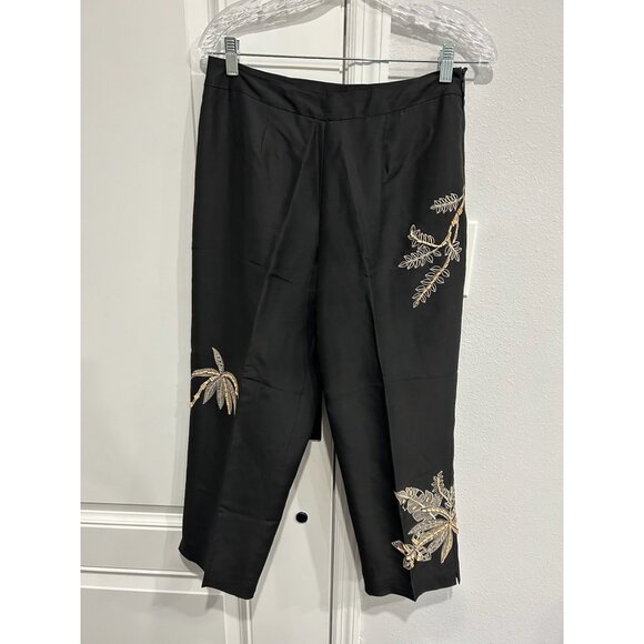 Silkland Small Black Embroidered 2-Piece Silk Pant Suit Palm Leaf Details - Picture 6 of 11